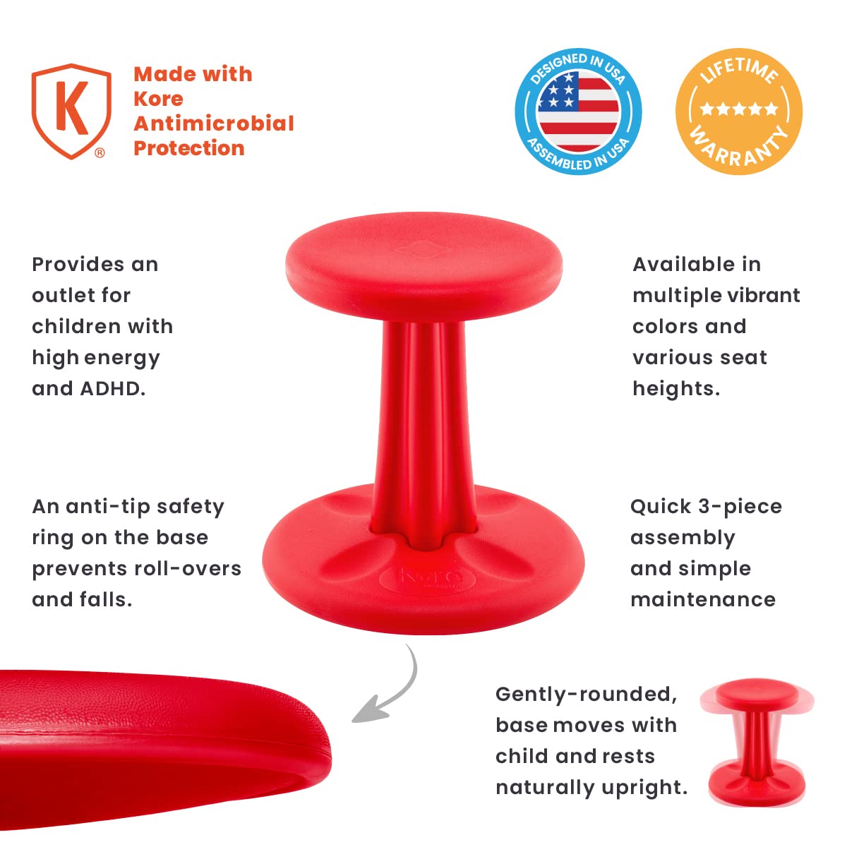 Kore Kids Wobble Chair - Flexible Seating Stool For Classroom & Elementary School, Add/Adhd - Made In The Usa - Age 6-7, Grade 1
