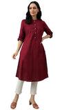 W For Woman Red Solid Cotton Blend Straight Long Kurta