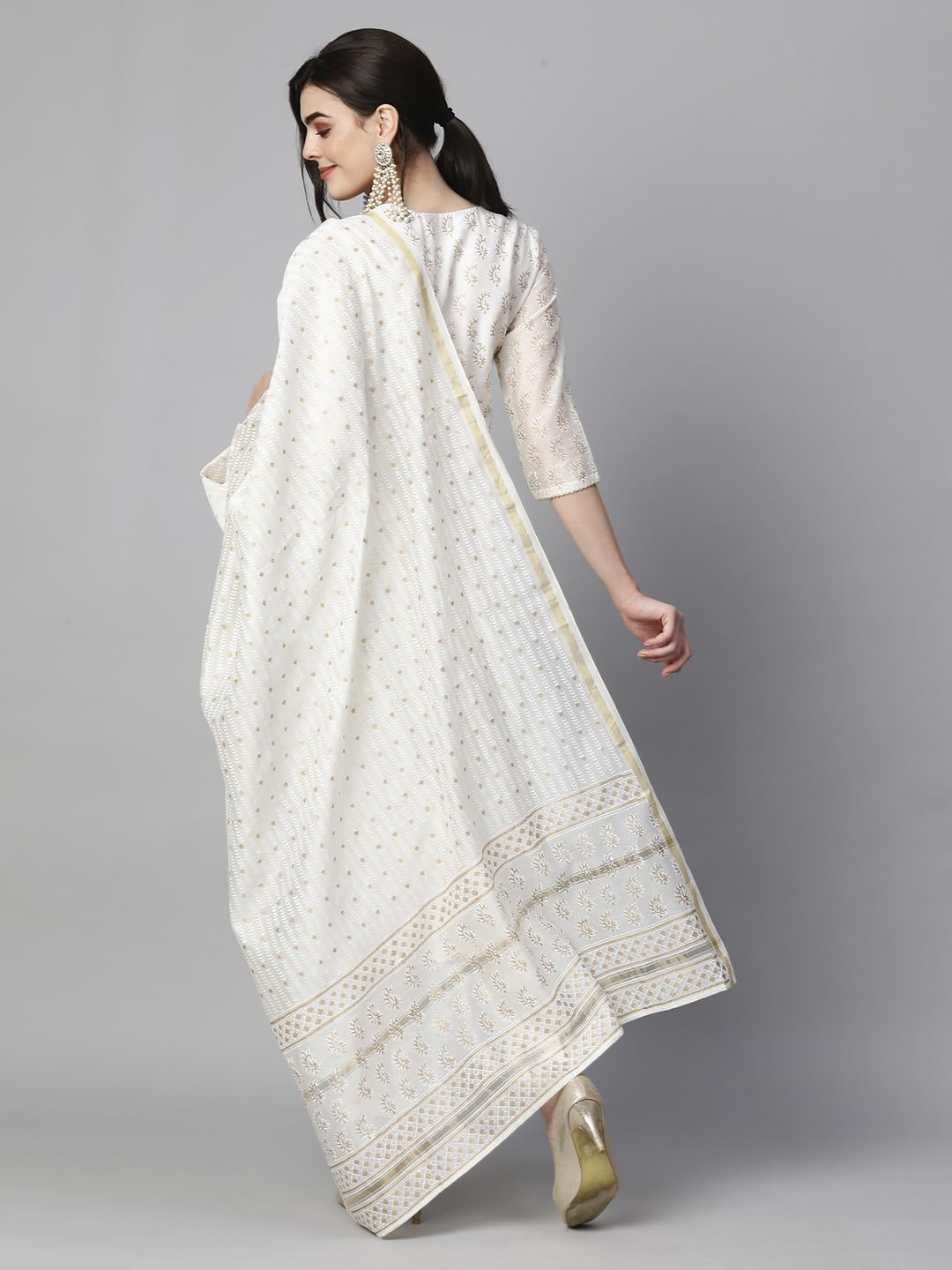 Anni Designer Women'S Cotton Blend Straight Printed Kurta With Pant & Dupatta (Saligram Cream_Xl_Cream_X-Large),Cream,XL,Cotton Blend,Regular,Kurta, Scarf