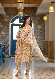Gosriki Women'S Cotton Blend Printed Straight Kurta With Pant & Dupatta (Kumud Cream-Nw-Gs_Xl_Cream_X-Large),Cream,,B0D298W8ZS