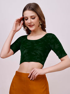 Vihu Fashion Women'S Readymade Hosiery Velvet Lycra Stretchable Round Neck Half Sleeve Blouse Fancy Green Color Lycra Stretchable Blouse For Women Readymade Saree Blouse Green L