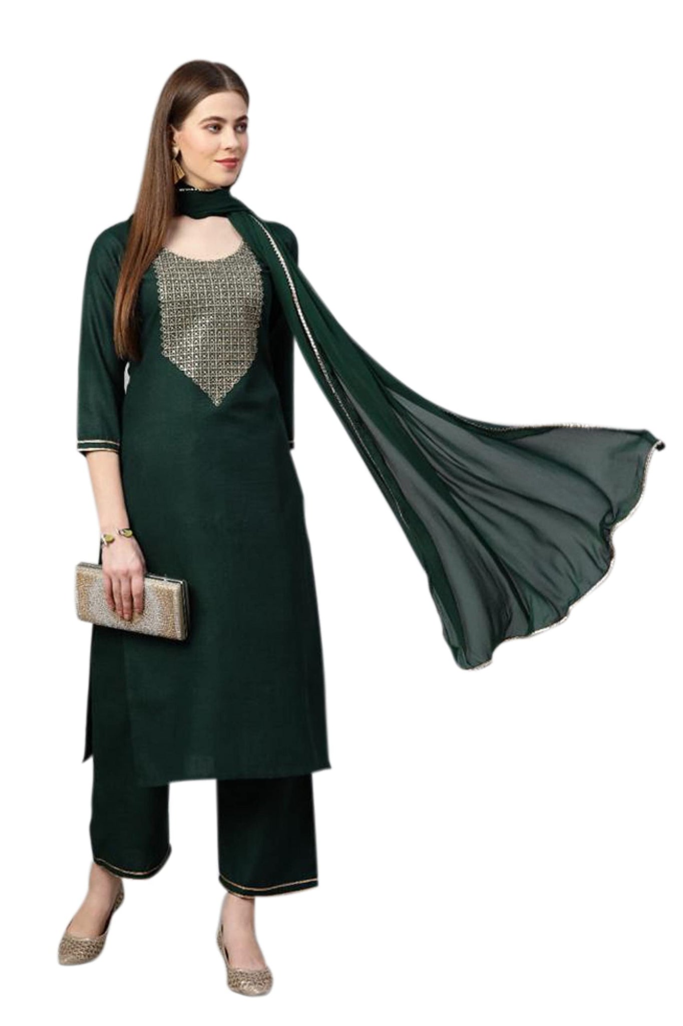 Gosriki Women'S Ruby Cotton Solid Straight Kurti With Palazzos & Dupatta Set (Label Green_S-Go_Green_Small),Green,,B09Q11MC84