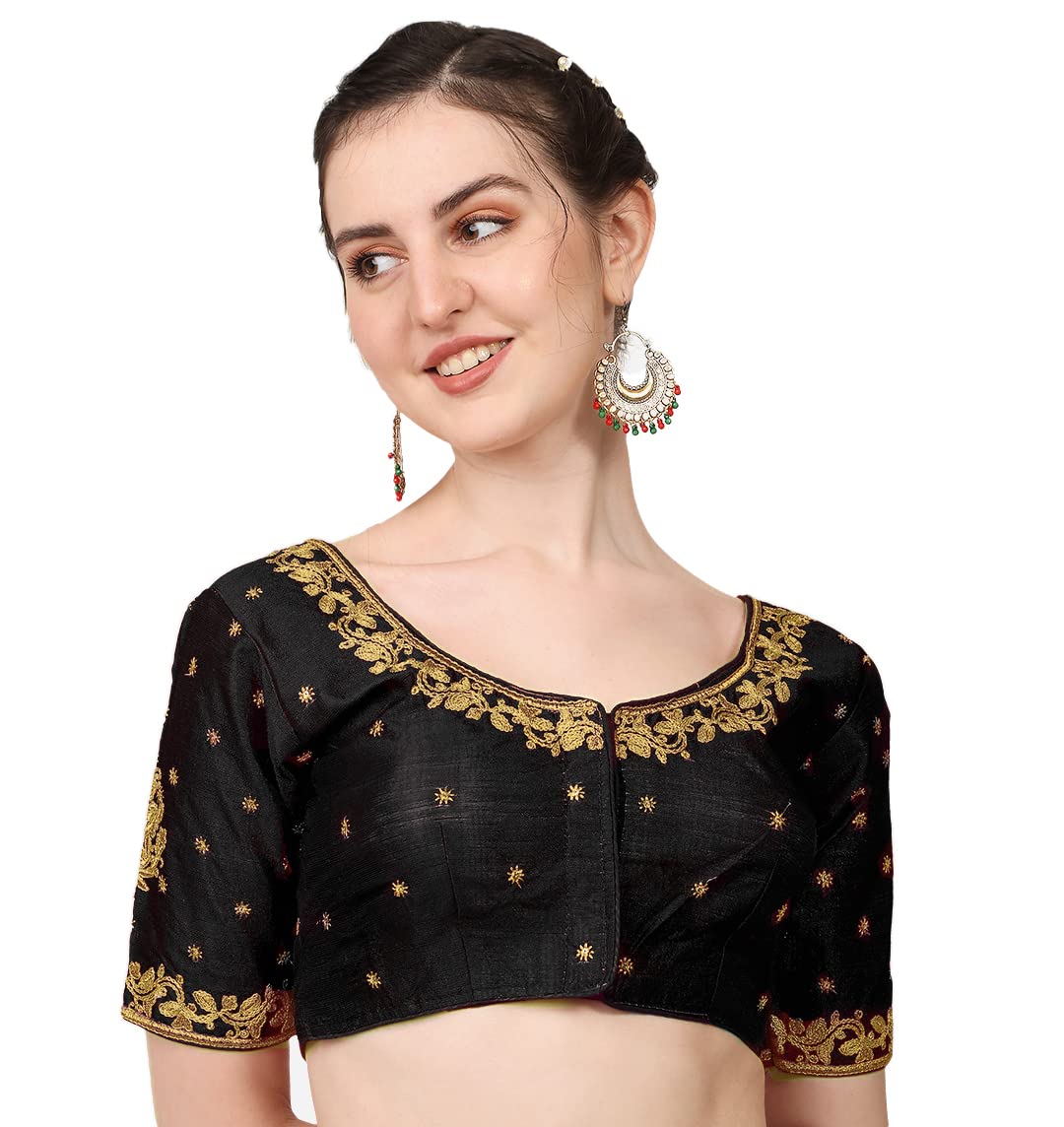 Vihu Fashion Women's Multicolour Phantom Silk Heavy Embroidery Half Sleeve Readymade Saree Blouse for Lehenga Choli (Black, 38)