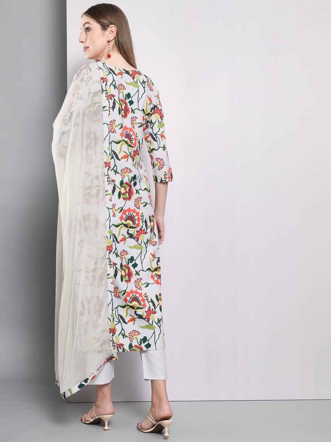 Anni Designer Women'S Cotton Blend Floral Printed Straight Kurta With Pants & Dupatta (Niyama-Grey_S_Grey_Small),Grey,S,Cotton Blend,Regular,Dupatta