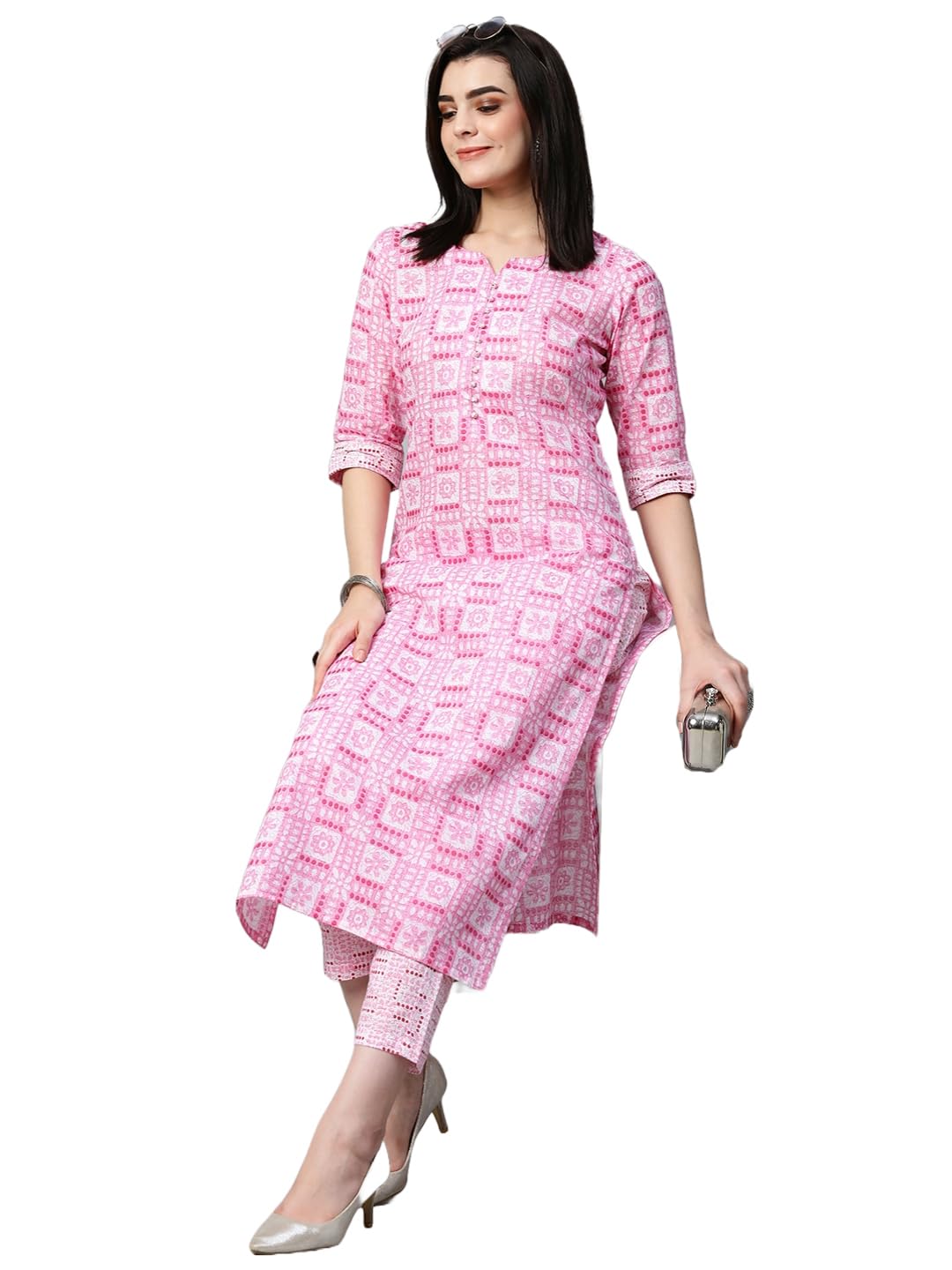 Anni Designer Women'S Cotton Blend Straight Printed Kurta With Pant Set (G20 Pink_S_Pink_Small),Pink,S
