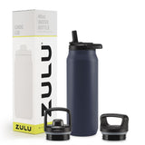 ZULU Base 40oz Stainless Steel Water Bottle with 3 Lids- Straw, Chug, Twist | Double Walled and Vacuum Insulated Metal Thermos |