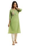 W For Woman Green Cotton Floral Printed Regular Kurta with Lace Detail