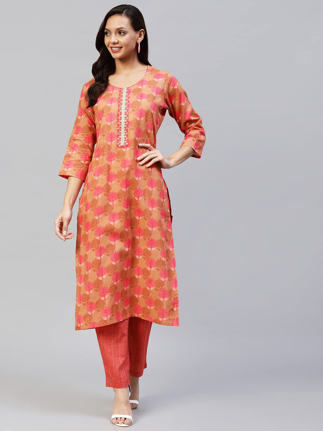 Anni Designer Women'S Cotton Blend Printed Straight Kurta With Pant (Vadidev Orange_Xxl_Orange_Xx-Large),Orange,2XL,Cotton Blend,Regular,Pants