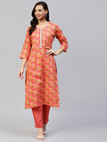 Anni Designer Women'S Cotton Blend Printed Straight Kurta With Pant (Vadidev Orange_Xxl_Orange_Xx-Large),Orange,2XL,Cotton Blend,Regular,Pants