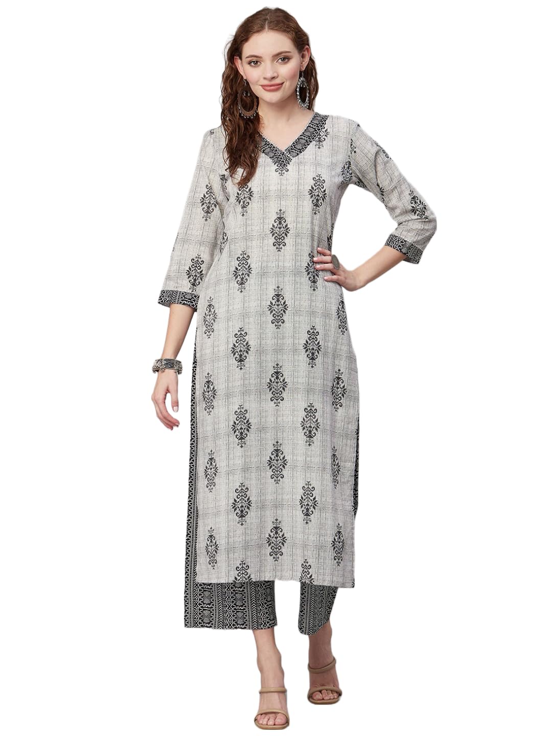 Anni Designer Women'S Cotton Blend Printed Straight Kurta With Pant (Nandi Grey_L_Grey_Large),Grey,L