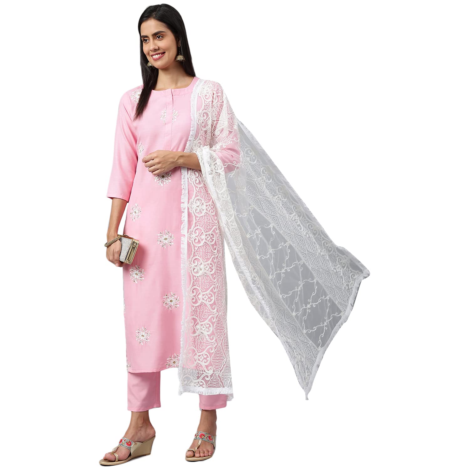Anni Designer Women'S Cotton Blend Embroidered Straight Kurta With Pant & Dupatta (White Show Sty Light Pink_S_Light Pink_Small),Light Pink,S