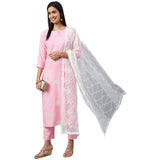 Anni Designer Women'S Cotton Blend Embroidered Straight Kurta With Pant & Dupatta (White Show Sty Light Pink_S_Light Pink_Small),Light Pink,S