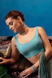 Soch Womens Turquoise Blue Shimmery Scoop-Neck Back-Open Sleeveless Blouse Turquoise Blue M