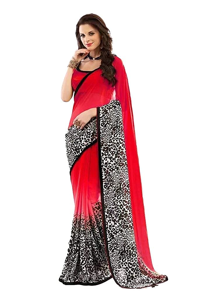 Gosriki Women'S Georgette Floral Printed Saree With Blouse Piece (Tiger Red_Red),Red,,B096FHJP3C