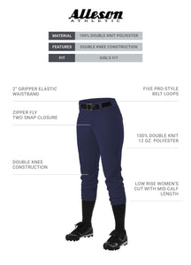 Alleson Athletic Girls Medium (23-25,, W) Athletic Fast Pitch Softball Belt Loop Pants, Navy