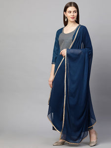 Anni Designer Women'S Ruby Cotton Solid Straight Kurti With Palazzos & Dupatta Set (Label) Blue,Blue,5XL,Cotton,Regular,Dupatta, Palazzo