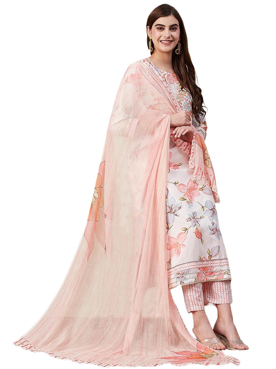 Anni Designer Women'S Cotton Blend Straight Printed Kurta With Pant & Dupatta (Harmosa Cream-Nre_S_Cream_Small),Cream,S