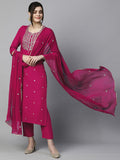 Anni Designer Women'S Cotton Blend Embroidered Straight Kurta With Pant & Dupatta (Kasturi Pink-Al_L_Pink_Large),Pink,L,,,