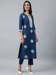 Gosriki Women'S Cotton Blend Straight Embroidered Kurta With Pant & Dupatta (Tistha Dark Blue_M-Go_Dark Blue_Medium),Dark Blue,,B0B2PP9K3P