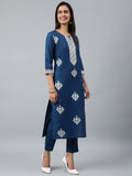 Gosriki Women'S Cotton Blend Straight Embroidered Kurta With Pant & Dupatta (Tistha Dark Blue_M-Go_Dark Blue_Medium),Dark Blue,,B0B2PP9K3P
