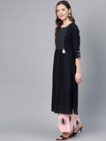 Idalia Light Pink And Navy Blue Cotton Kurta Set For Women A-Line Kurta With Palazzo Set Ideal For Wedding & Festive Occasions Navy Blue And Light Pink L