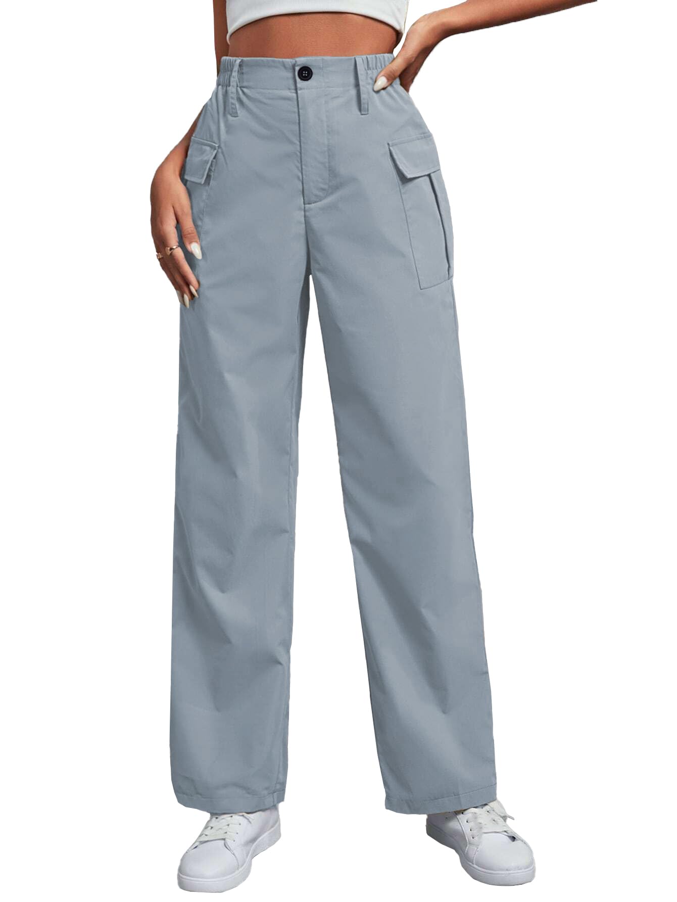 Toplot Cotton Solid Multi-Pocket Cargo Pant For Women (Wide-Leg-Cargo-5195-Silver-34),Silver,34,B0D9VQ7Q8B