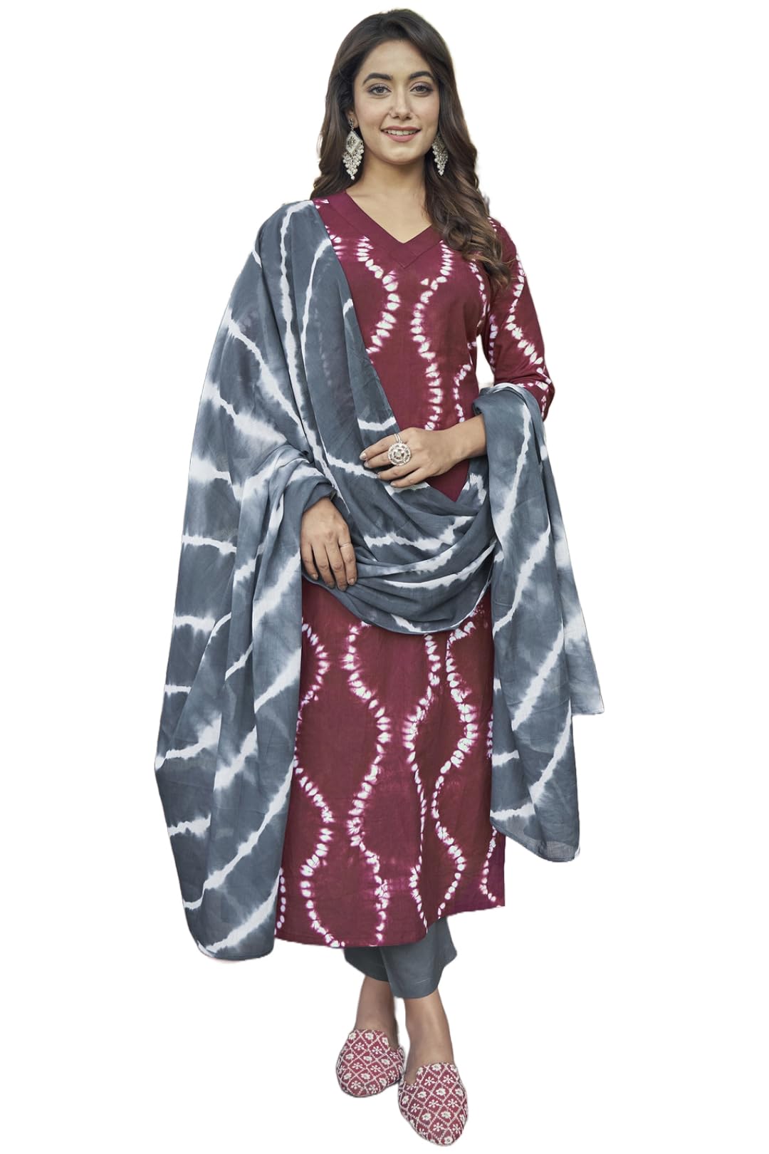 Anni Designer Women'S Cotton Blend Straight Printed Kurta With Pant & Dupatta (Mithila Maroon-Fnw_L_Maroon_Large),Maroon,L