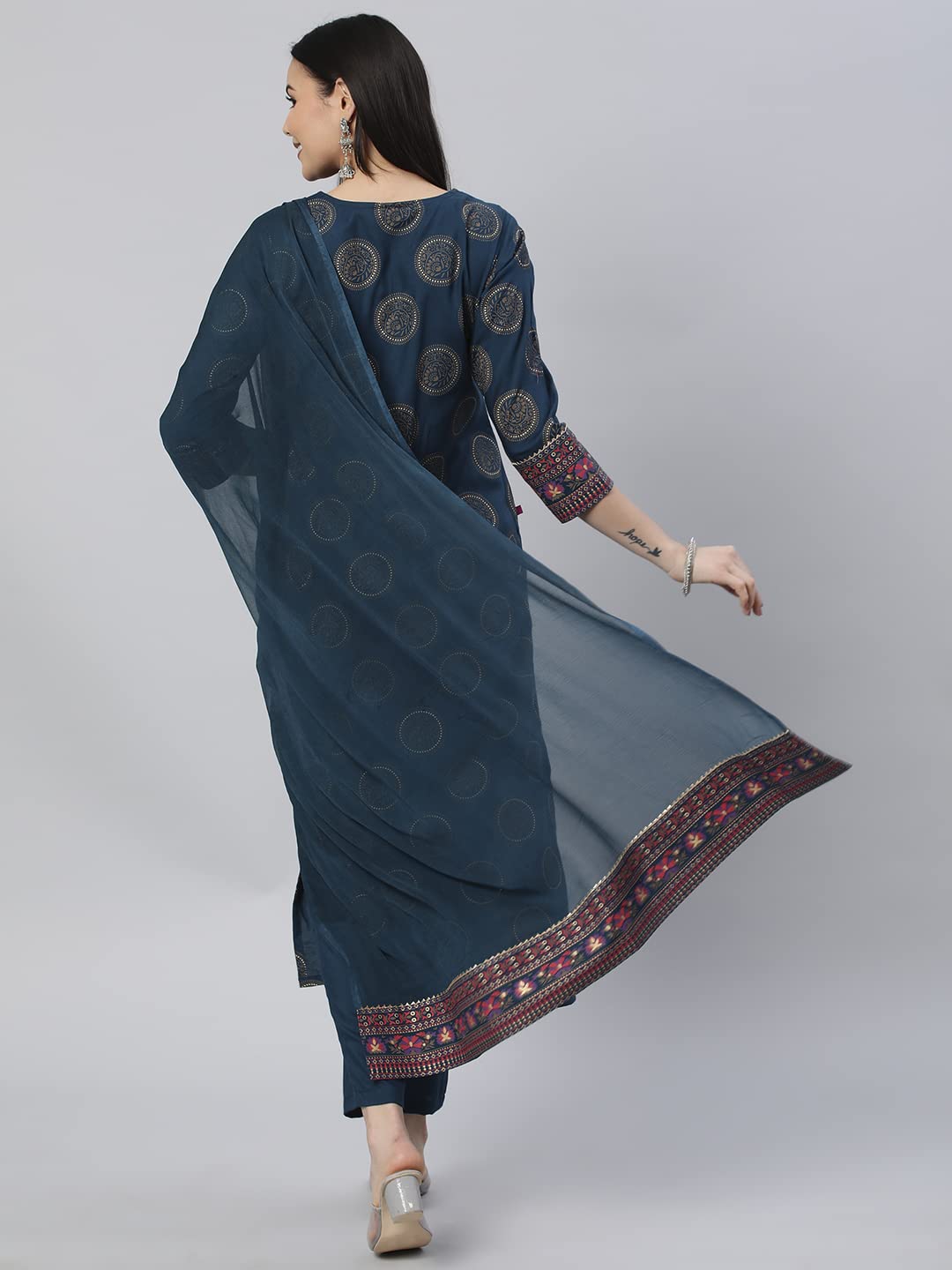 Anni Designer Women'S Cotton Blend Printed Straight Kurta With Pant & Dupatta (Nov-Rama_Xl_Rama_X-Large),Rama Blue,XL,Cotton Blend,Regular,Dupatta