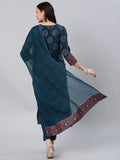 Anni Designer Women'S Cotton Blend Printed Straight Kurta With Pant & Dupatta (Nov-Rama_Xl_Rama_X-Large),Rama Blue,XL,Cotton Blend,Regular,Dupatta