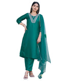 Sanisa Women's Art Silk Sequence Embroidery Work Straight Kurta with Pant and Dupatta Set(143KBD1552N-L_Teal Green6)