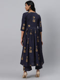 Gosriki Women'S Navy Blue & Golden Floral Printed Kurta With Palazzos,Blue,,B08QDFQ8T4