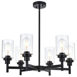 VINLUZ 6 Light Industrial Chandelier Black Pendant Lighting Hanging Fixture with Cylinder Clear Glass for Kitchen Bedroom Dining