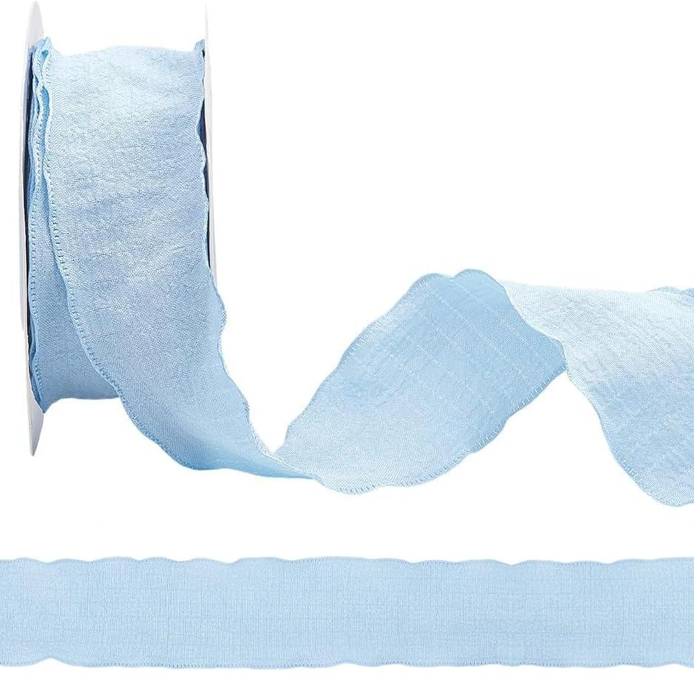 CABODYALS 10 Yards 1 Inch Ruffle Edge Ribbon Blue Double Ruffled Pleated Soild Chiffon Silk Polyester Gathered Fabric Satin Ribb
