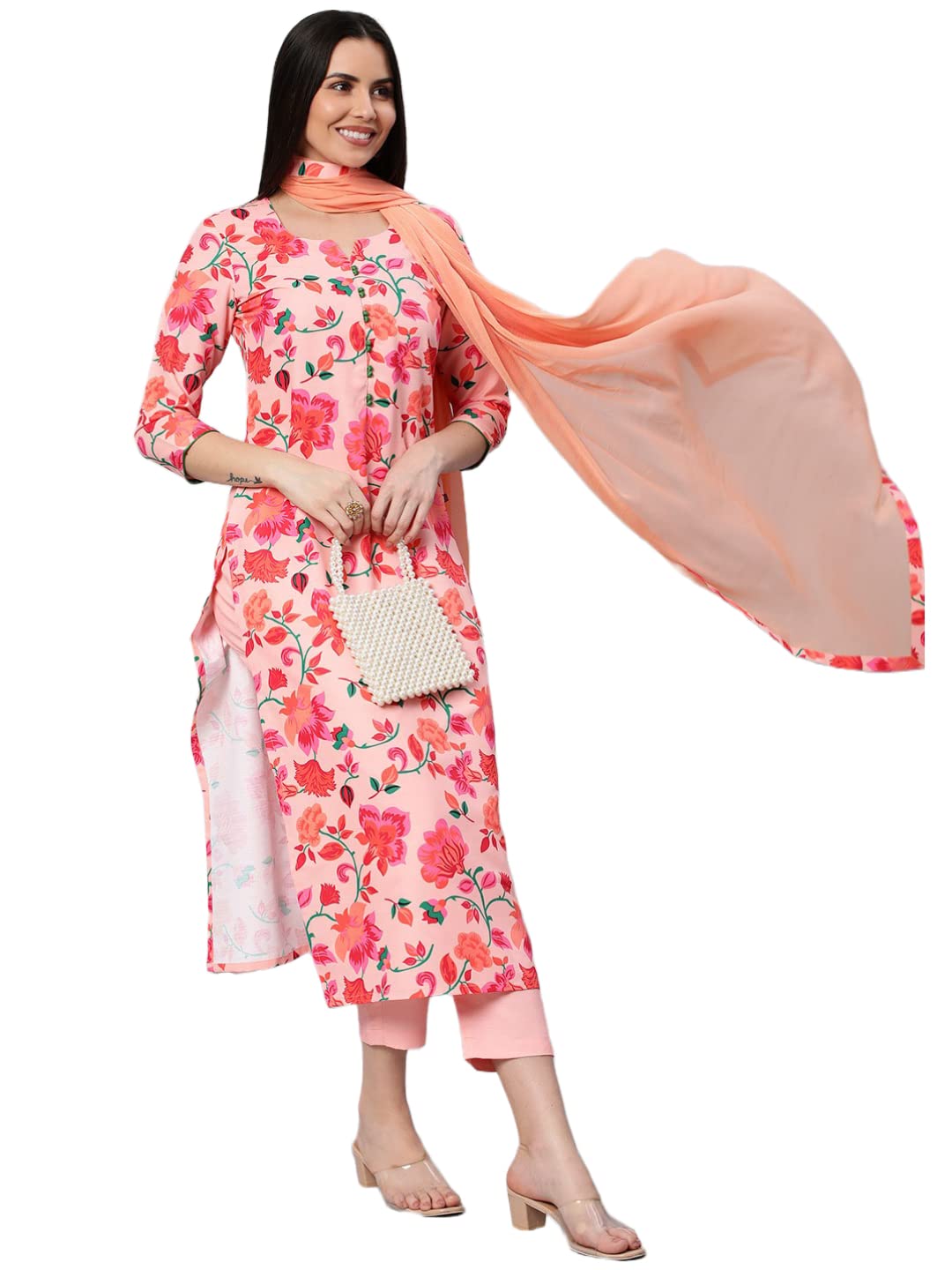 Anni Designer Women'S Cotton Blend Printed Straight Kurta With Pant & Dupatta (Water-Peach_Xxl_Peach_Xx-Large),Peach,2XL