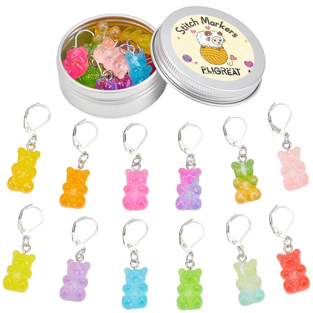 PLIGREAT 12 Pcs Cute Glitter Colored Bear Stitch Markers Knitting Locking Crochet Marker for Grandma Mom DIY Gifts Weaving Quilt