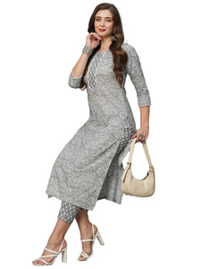 Gosriki Women'S Cotton Blend Straight Printed Kurta With Pant Set (Srinath-Grey-Gs_Xl_Grey_X-Large),Grey,,B0CFFF47NQ
