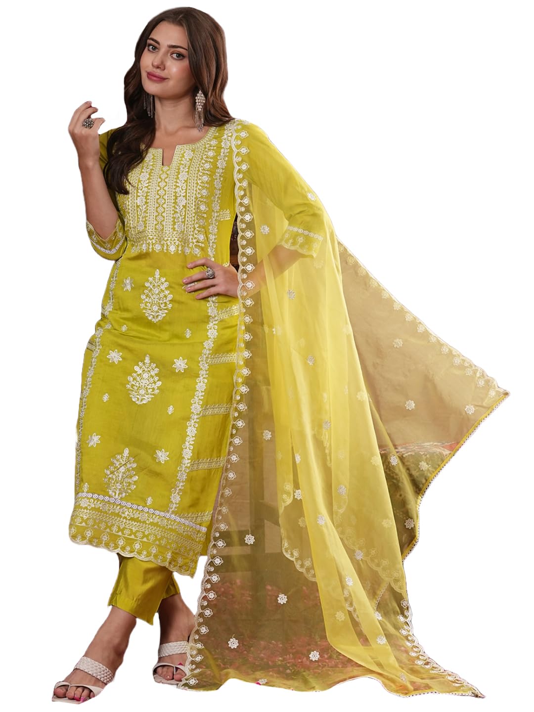 Anni Designer Women'S Rayon Blend Straight Embroidered Kurta With Pant & Dupatta (Carlton Lemon-Vks07_L_Lemon_Large),Lemon,L