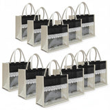 Handmakers Transparent Jute Gift Bag with Lace Trim, Natural and Black, set of 10, 12 * 10 * 5 inch