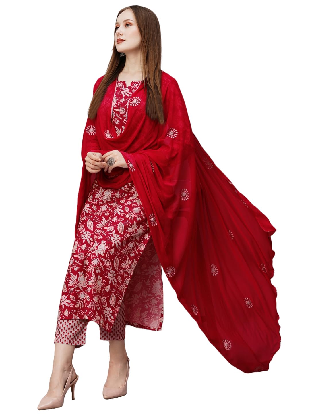 Anni Designer Women'S Cotton Blend Straight Printed Kurta With Pant & Dupatta (Mei Red_Xl_Red_X-Large),Red,XL