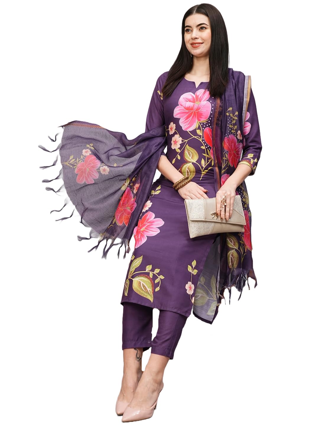Anni Designer Women'S Cotton Blend Straight Printed Kurta With Pant & Dupatta (Kalai Violet_L_Purple_Large),Purple,L