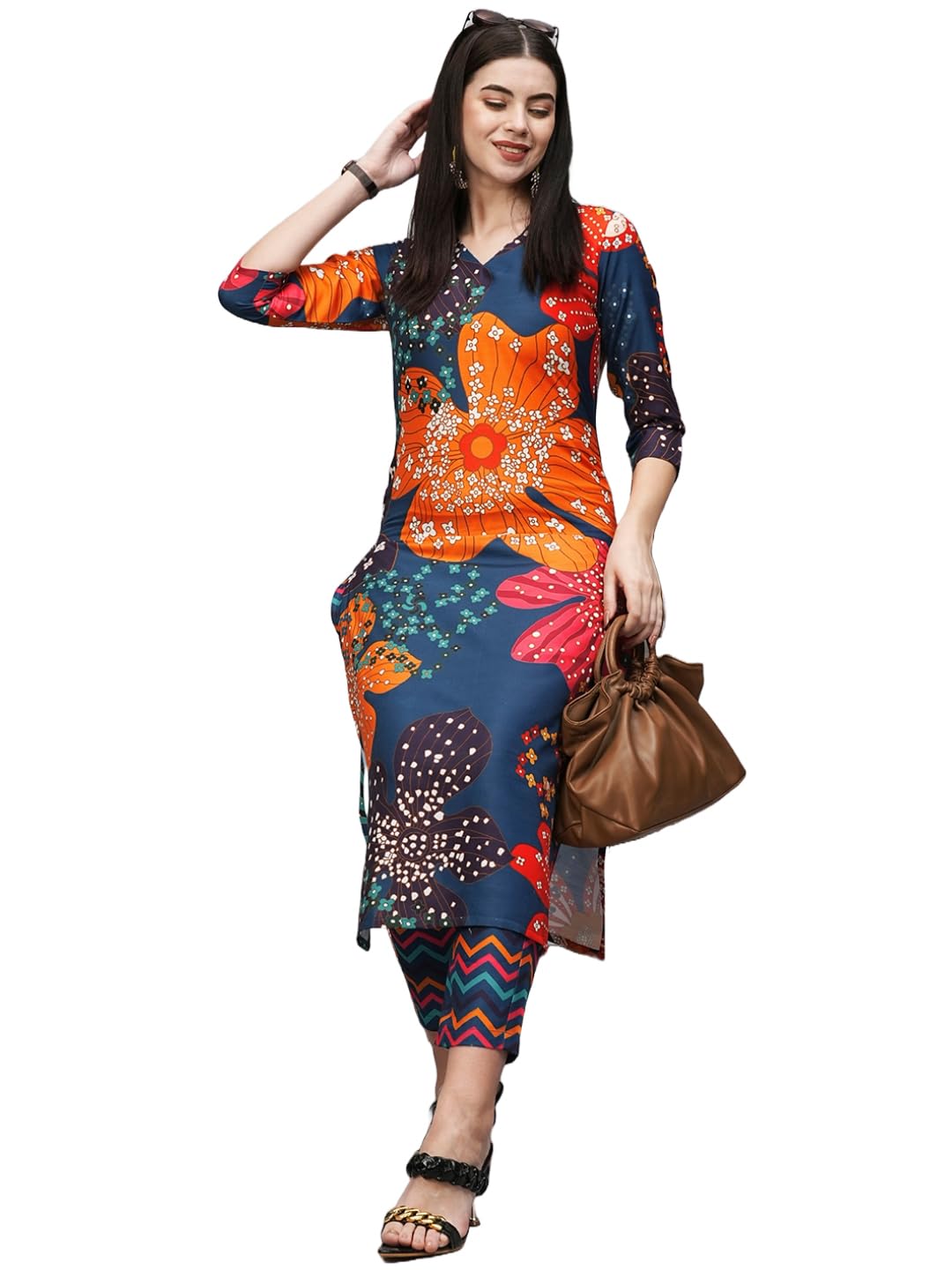 Anni Designer Women'S Cotton Blend Straight Printed Kurta With Pant (Wahida Blue_Xl_Blue_X-Large),Blue,XL