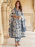 Pinkmint Women Cotton Blend Floral Printed Kurta With Pant & Dupatta Off White