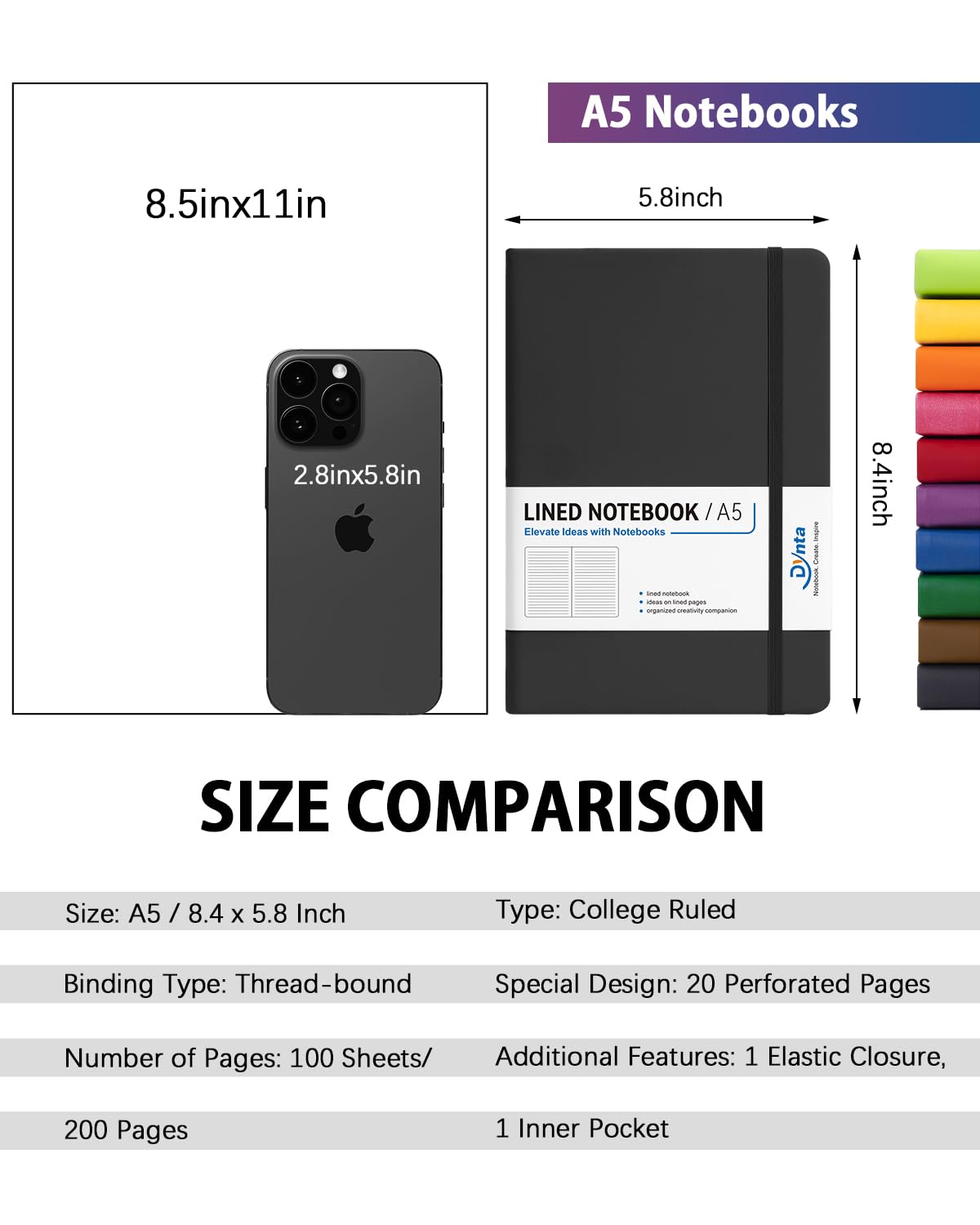 Dynta Hardcover Journal Notebooks, 10 Packs A5 Lined Journals Bulk for Writing 200 Pages/100Sheets, 8.4 x 5.8 inch, 10 Colors Cl