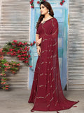 Satrani Womens Georgette Foil Printed & Lace Saree With Unstitched Blouse Piece (3184S2266Na_Maroon3)