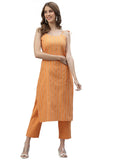 Stylum Women's Self Design Striped Cotton Blend Straight Kurta Pant Set (SALMONKNOT40_Orange, L)