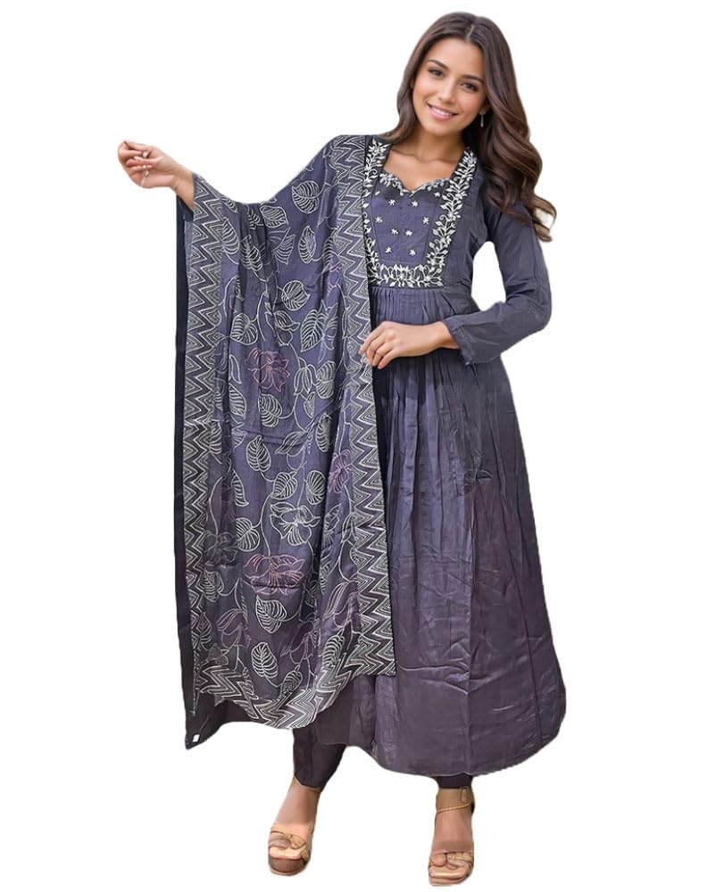 Anni Designer Women'S Rayon Blend Anarkali Embroidered Kurta With Pant & Dupatta (Anandhi Purple_L_Purple_Large),Purple,L