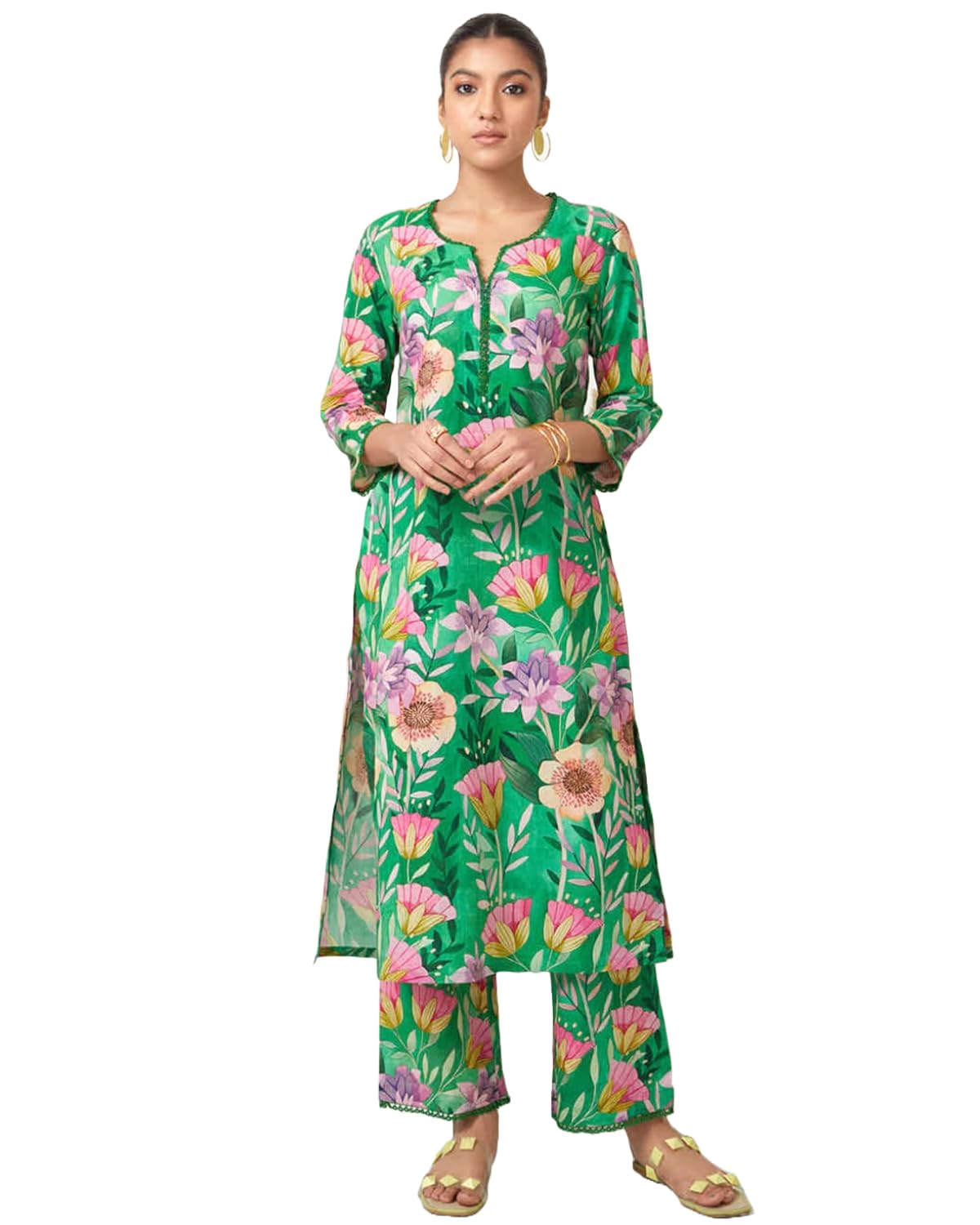 Anni Designer Women'S Cotton Blend Straight Printed Kurta With Palazzo (Kanya Green_S_Green_Small),Green,S