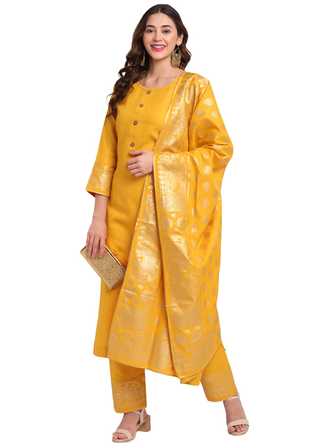 Gosriki Women'S Cotton Straight Kurta With Palazzo & Dupatta (Kpzd-Cot-10036-Yellow_L-Go_Yellow_Large),Yellow,,B09LYG7ZTD