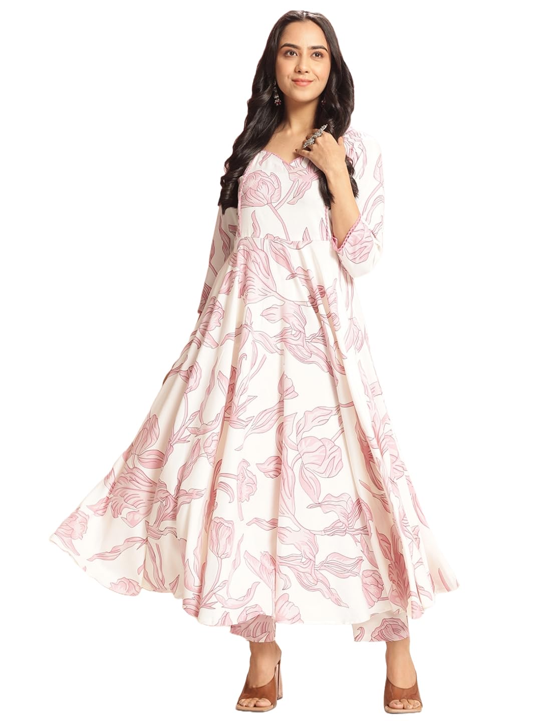 Anni Designer Women'S Rayon Viscose Anarkali Printed Kurta With Pant (Rishiva Cream_S_Cream_Small),Cream,S