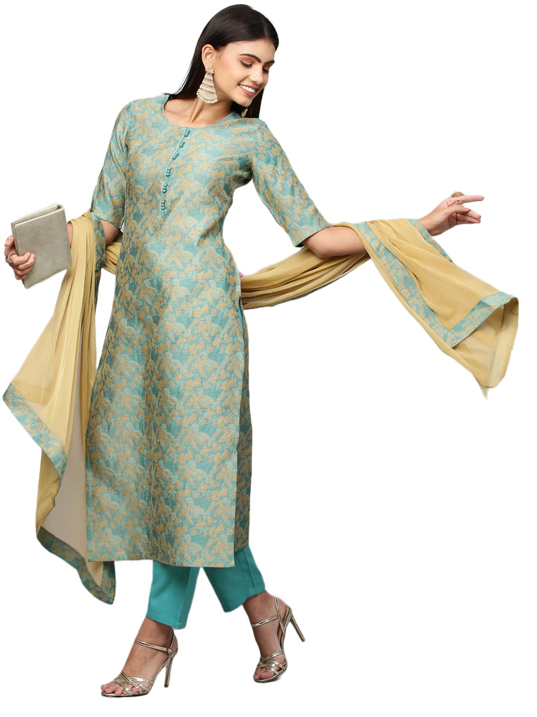 Anni Designer Women'S Banarasi Silk Straight Printed Kurta With Pant & Dupatta (Banarsi-See-Multi_3Xl_Multicolor_Xxx-Large),Multicolour,3XL